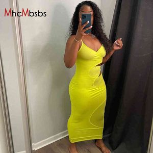 Femmes Sexy Sling Strap Bodycon Midi Dress Double Couche Cut Out Slim Jaune Sundress Summer Club Party Beach Holiday Outfits 210517