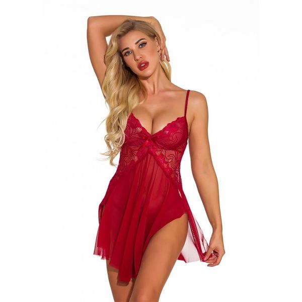 Femmes Sexy Doux Minuit Split Côté Dentelle et Maille Nuisette Nuisette avec G-String Bretelles Spaghetti Vêtements de Nuit Robe Lingerie Ensemble S-314l