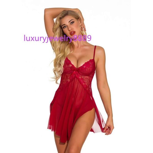 Femmes Sexy Doux Minuit Fendu Côté Dentelle et Maille Chemise Babydoll avec G-String Bretelles Spaghetti Robe De Nuit Ensemble De Lingerie S-XXL Multic