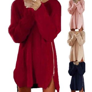 Femmes Sexy couleur unie à manches longues o cou Sideway Zip ample Simple Mini robe pull cadeau de noël pour femme amie nouveau