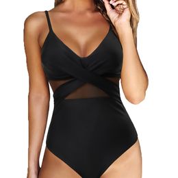 Vrouwen sexy solide zwempak v nek gevulde push -up riem zwemklik uit één stuk slanke driehoek badpakken monokinis jumpsuit bikini