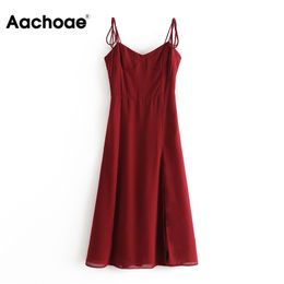 Femmes Sexy Spaghetti Strap Split Sans Manches Dos Nu Parti Robe Midi Ladeis Une Ligne Chic Vin Rouge Robes D'été 210413