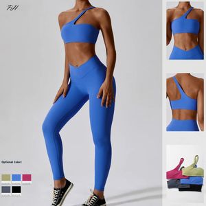 Femmes Sexy Sport Yoga Ensemble Tenue Fitness Vêtements D'entraînement Épaule Diagonale Haut De Sport Leggings Costume Loisirs Courir Sportwear240311