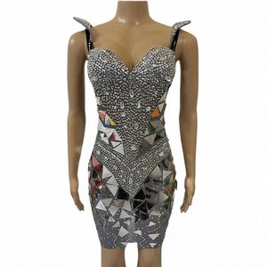 Vrouwen Sexy Podium Heldere Pailletten Spiegels Dr Avond Verjaardag Club Dres Rijnste Kostuum Prom Vieren Grijs Bling Dr B2cD #