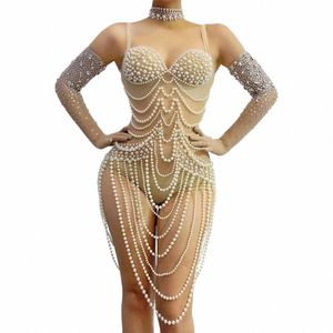 Mujeres Sexy Stage Luxury See Through Pearls Body Cumpleaños Vestidos de club de noche con guantes Black Girl Prom Photo Shoot Body D37z #