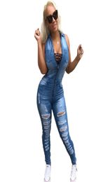 Vrouwen sexy zomer denim jumpsuit lichtblauwe jeans kombinezony voor vrouw mouwloos gewassen combinatie pantalon femme7543830