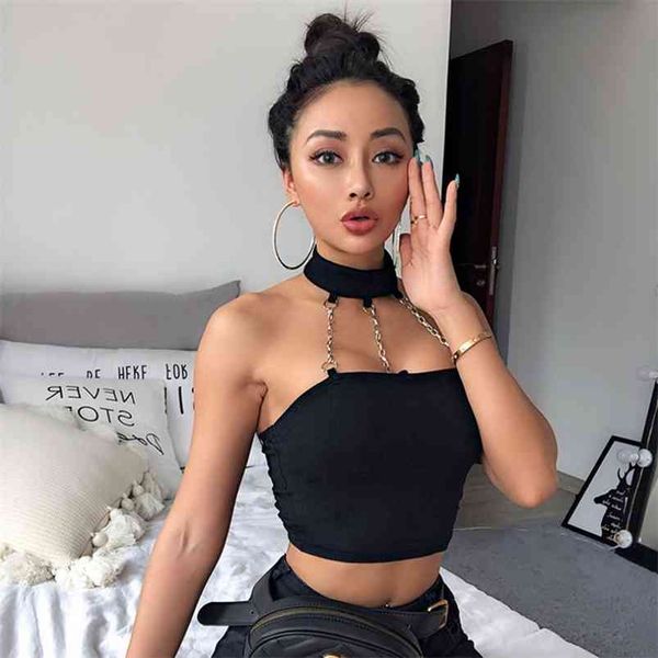 Femmes Sexy D'été Sans Manches Personnalisé Chaîne Halter Réservoir Court Crop Tops Femme Strappy Skinny Tees Camisole Party Dance Tops 210407