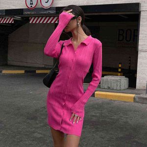 Femmes Sexy robe pull col rabattu manches longues élastique robe crayon automne bouton moulante rayure robe tricotée Y220413