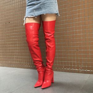 Vrouwen sexy dij hoge laarzen voor vrouwen puntige teenblokhiel over de knie hoge laarzen 2020 winter nieuwe lange laarzen rood zwart beige