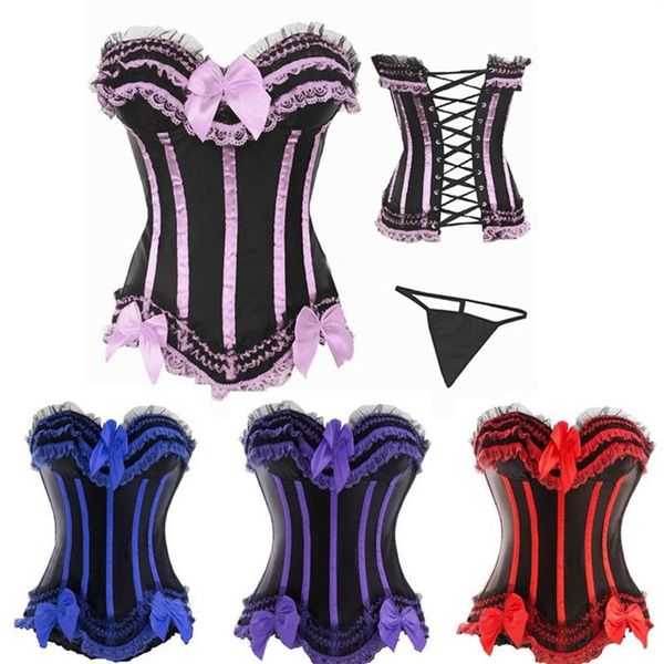 Mujeres Sexy Tier Lace Ruffle con arcos y paneles Detalles Overbust Satin Lace up Corset Bustier Dancing Clubwear Big Plus Size S-6X326e