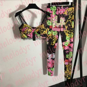 Femmes Sexy Survêtements Classique Imprimer Yoga Ensemble D'été Dentelle Sling Réservoir Élastique Fitness Leggings Sportswear