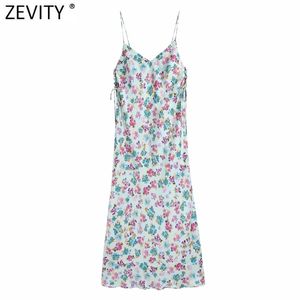 Femmes Sexy Col En V Imprimé Floral Style Intérieur Sling Dress Femme Spaghetti Strap Lace Up Vestidos Chic Robes D'été DS8279 210420