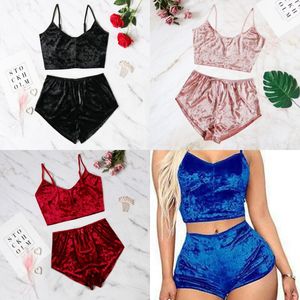 Mujeres sexy sueño terciopelo pijama conjuntos señoras encaje con cuello en v cultivos tops pantalones cortos ropa de dormir lencería pijamas conjuntos ropa de maternidad 2 unids / set 445 k2