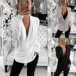 Vrouwen Sexy Wit Low-Cut Top Mode Wild Shirt Zwart Slanke Zachte Tops Solid Long Mouw Blouse