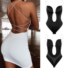 Vrouwen Shapewear Faja Taille Trainer Shaper Body Tummy Shaper Diepe V Bodysuit Clear Strap Backless Plunge String Push Up bh 201223
