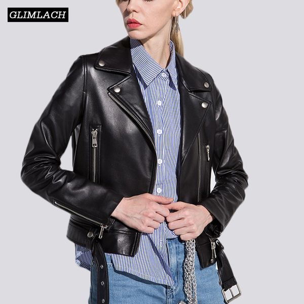 Femmes en peau de mouton véritable vestes en cuir automne hiver Slim moto manteaux en cuir véritable avec ceinture Biker vestes Chaqueta Mujer 201030