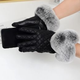 Femmes gants en peau de mouton réel Rex fourrure de lapin en cuir véritable en peluche gants d'extérieur hiver luxe chaud dames mitaines doigts complets 240201