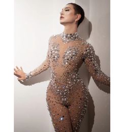 Femmes brillant perle strass maille combinaison Stretch brillant cristal transparent justaucorps barboteuses Sexy mode chanteur danseur Bar discothèque scène spectacle collants