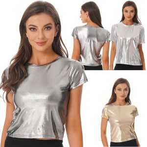 Femmes T-shirt à manches courtes métalliques brillantes