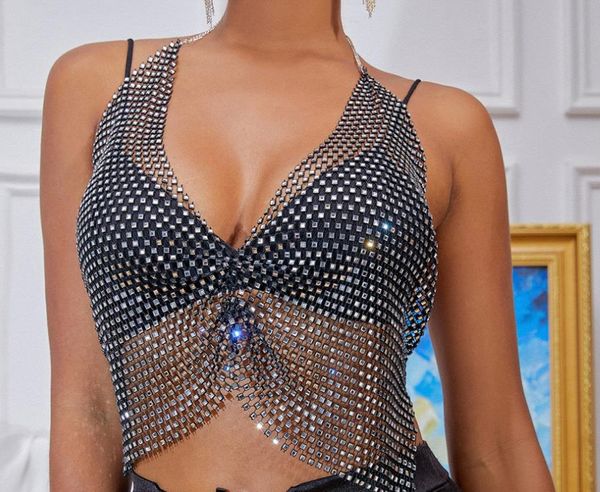 Femmes Brillant Strass Dos Nu Crop Tops Sexy Halter Fishnet Tank Voir À Travers Mesh Camisole Bikini Cover Night Out Party Clubwear Bijoux De Corps Extensible