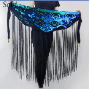 Vrouwen glanzende tassels buikdans heup sjaal pailletten taille ketting met gouden munten buikdans glitter rand taille riem wikkel rok