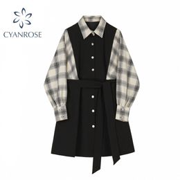 Femmes chemise robes décontracté lâche automne Style coréen doux à manches longues taille haute une ligne Vintage filles chemise à carreaux robe 210417