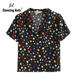 Dames shirt gekotte kraag korte mouw losse golfpunt print tops lente en zomer vrouwelijke Franse retro korte blouse T200608