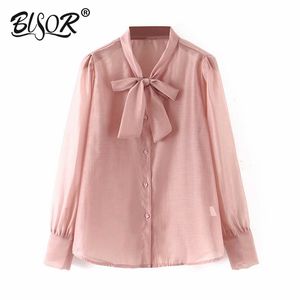 Vrouwen shirt roze strikje nek blouse Koreaanse stijl lange mouw herfst dame mode tops blusas 210430