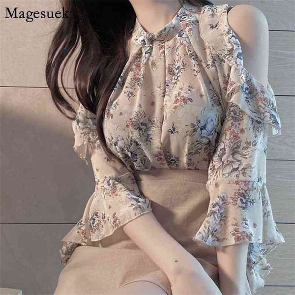 Femmes Chemise Imprimer Hors Épaule Blusas En Mousseline De Soie Top Vacances D'été Mignon Chemisier Coréen Creux Doux Chic Bureau Dame Vêtements 10358 210518