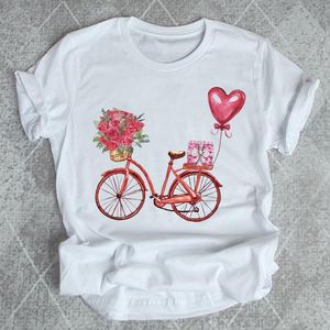 Femmes chemise imprimé T-shirt vélo fleur été T-shirts femme graphique T haut à manches courtes amour saint valentin mode dessin animé T-shirt