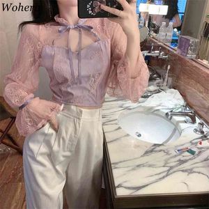 Vrouwen Shirt See Through Gaas Patchwork Kant Tops Bowkout Lace-Up Stand Hals Holle Flare Lange Mouwen Crop Top Blouse 210519