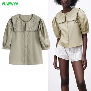 Vrouwen shirts groene borduurwerk knop omhoog shirt vrouw casual peter pan kraag blouses vrouwelijke korte puff sous zomer tops 210430