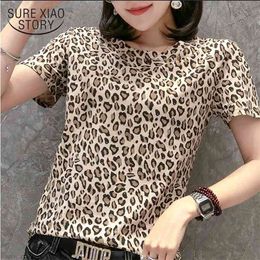 Vrouwen shirts Koreaanse kleding harajuku shirt t-shirt vrouwen korte ruches O-hals luipaard dames kleding 2782 50 210510
