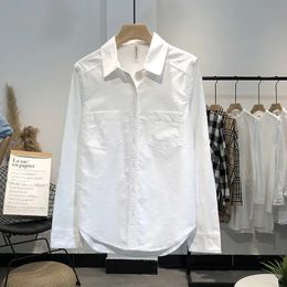 Camisas de mujer Primavera de manga larga blusa azul Tops de algodón estilo coreano breve cuello vuelto bolsillos camisas blancas 240126