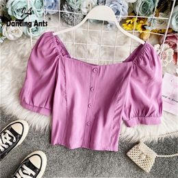 Vrouwen shirts vierkante kraag korte mouw met één borsten slanke tops zomer nieuwe vrouwelijke Franse retro elegante korte vaste blouse T200608