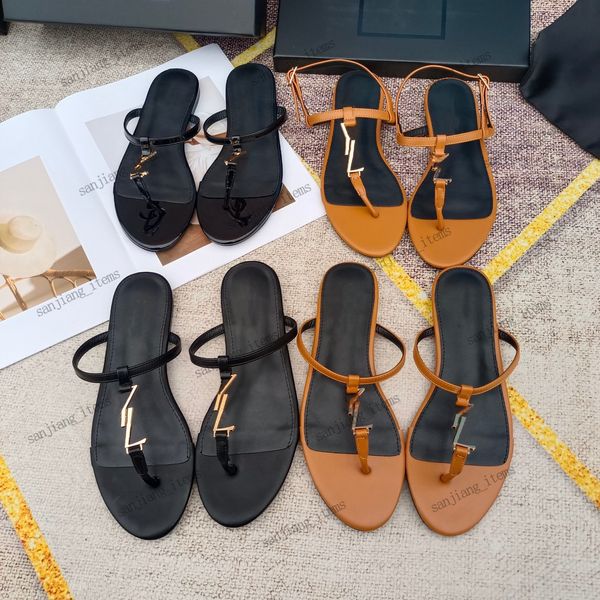 Chaussures pour femmes en cuir noir Cassandra Plat Sandale Flip Flops 2024 NOUVEAUX SHAPTES PENSEURS NOIRS PERMES MULES SLINGBACK avec Gol