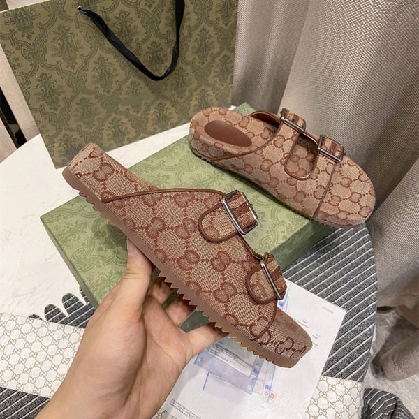 Classic Men Shoes Designers Classical Jacquard Tela Slippers Luxury Brown Barfskin Tronco Open Toe Simple Shoes Hardware Retro Estilo Sandalias Moda Pisos