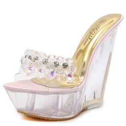 Zapatos de mujer Diamante Highheeled 14 cm Zapatillas Crystal Slide Impermeable Antideslizante Fondo Grueso Verano Mujer Sandalias Sexy Y200423 GAI GAI GAI