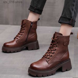 Zapatos de mujer de cuero genuino con cremallera redonda con el techo redondo con botas de plataforma de costura de ocio concisas hechas a mano envío gratis T230824 19124