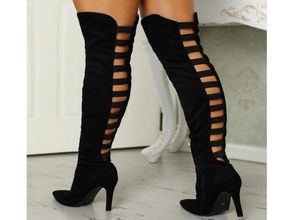 Chaussures féminines talons hauts noirs sur les bottes du genou sexy creux de la cuisse de cuisses de cuisses