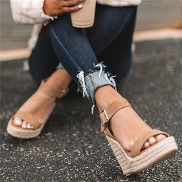 Femmes chaussures plate-forme sandales femmes Peep Toe haute compensées talon cheville boucles Sandalia Espadrilles femme sandales chaussures 2021 nouveau