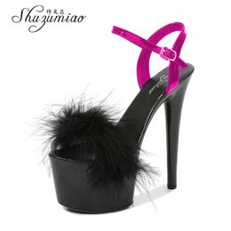 Chaussures pour femmes couleurs de danse 2021 Sandales de plumes à fourrure mélangées plate-forme talons 17 cm sexy talon haut T221209 130