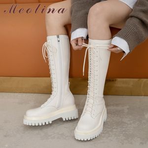 Femmes chaussures en cuir véritable plate-forme à talons hauts genou bottes croisées talons épais Zip longues dames automne Beige 210517