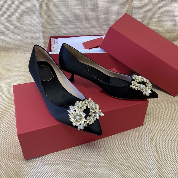 Chaussures Femme Satin Bouquet Strass Escarpins Vivier Cristaux Boucle Perles Escarpins Laqué Talon Chaton 4.5 Cm Fête De Mariage Mode 35-39 Rare Parfait Paris Style