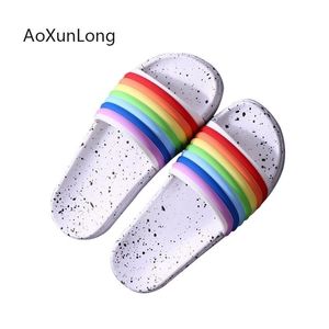 Dames schoenen zomer slippers vrouw regenboog schoenen peep teen flip flop badkamer huis slippers outdoor strand sandalen glijbanen y200107