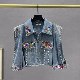 Femmes veste en jean courte manteau printemps perle diamants chaîne gland effiloché bavures ourlet demi manches femme jean veste Streetwear 240301