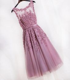 Vrouwen korte avondjurken 2021 Dustige roze roze bruidsmeisje jurken goedkope knie lengte prom jurken kanten appliques feestjurken even4322500