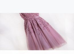 Vrouwen korte avondjurken 2021 Dustige roze roze bruidsmeisje jurken goedkope knie lengte prom jurken kanten appliques feestjurken even4229588