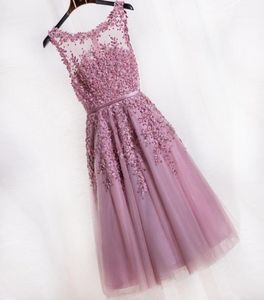 Vrouwen korte avondjurken 2021 Dustige roze roze bruidsmeisje jurken goedkope knie lengte prom jurken kanten appliques feestjurken even4322500