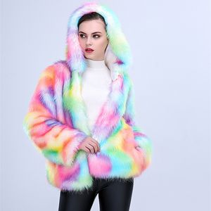 Cappotto corto in pelliccia con cappuccio da donna Colore ispessimento dei capelli Warm 's Style Rainbow Faux Jacket Winter Outwear 211213